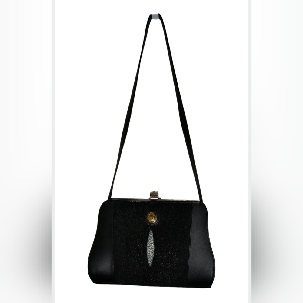 ROTA Vintage Black Stingray Leather Frame Bag Genuine Shagreen Shoulder Bag